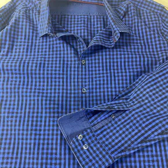 Bugatchi XL long sleeve shirt blue / black checkered with a swirl design - Picture 6 of 8
